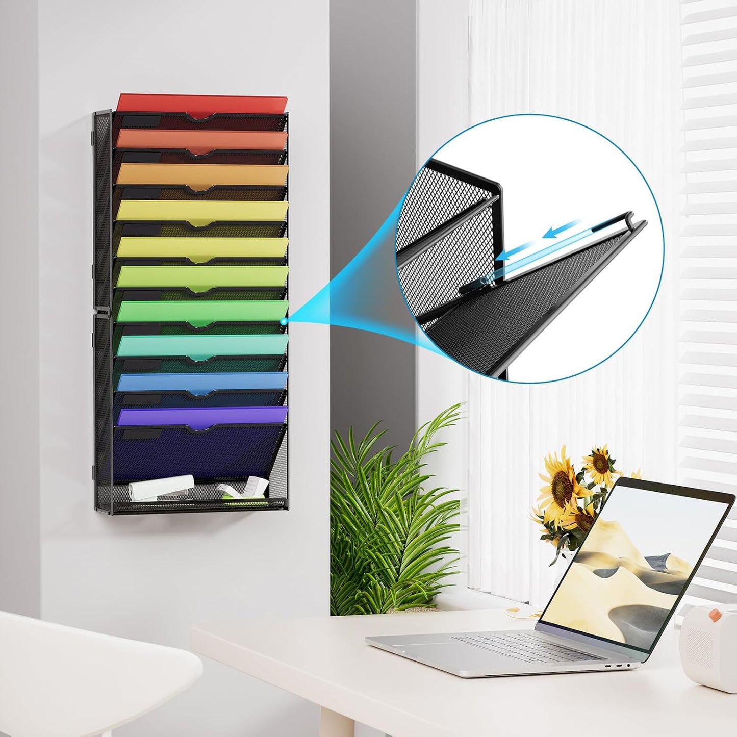 Marbrasse Wall File Holder 11-Tier Hanging Wall File Organizer, for Papers, Files Clipboard & Magazine Organizer, Wall Mount File Holder Great for Office Home (Black)