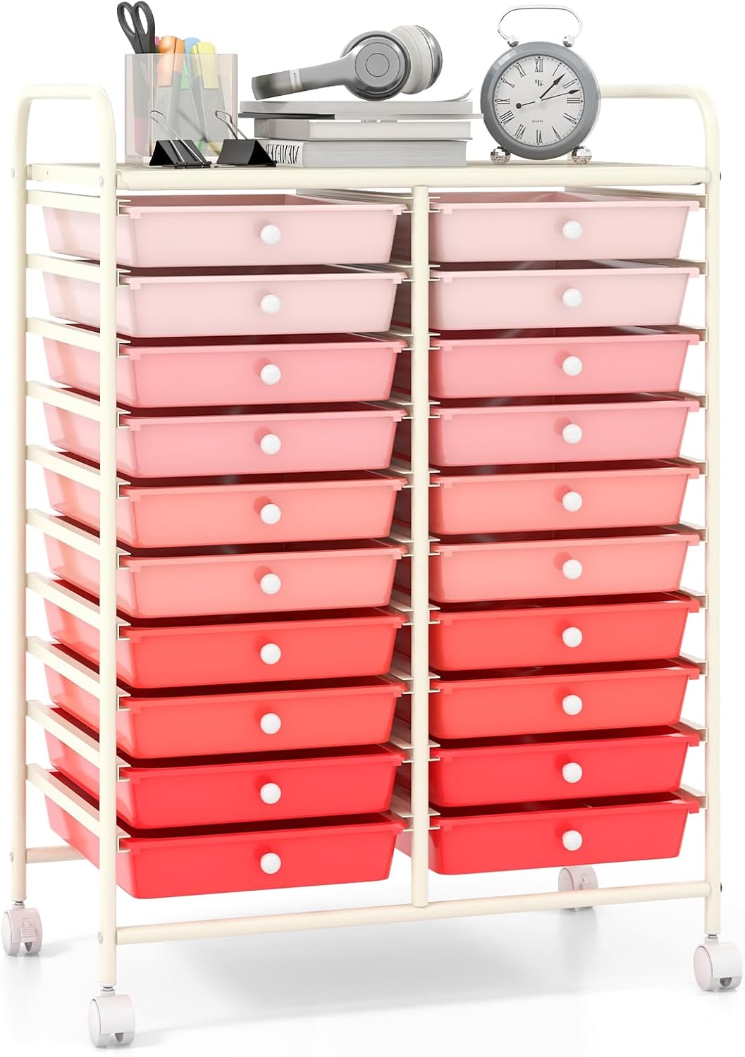 Giantex 20 Drawers Rolling Cart, Mobile Storage Drawer Cart, Classroom Organizer Cart for Office School Supplies Teacher Tools Paper Craft Small Printer, Utility Cart on Wheels, Gradient Pink