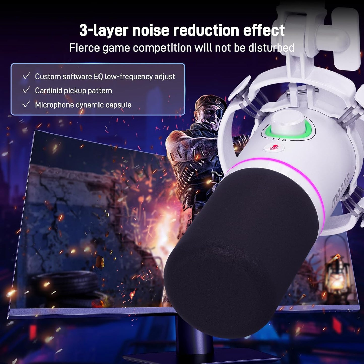 MAONO XLR/USB Dynamic Microphone Kit, RGB Podcast Mic with Software, Mute, Gain Knob, Volume Control, Boom Arm for Streaming, Gaming, Voice-Over, Recording-PD200XS White