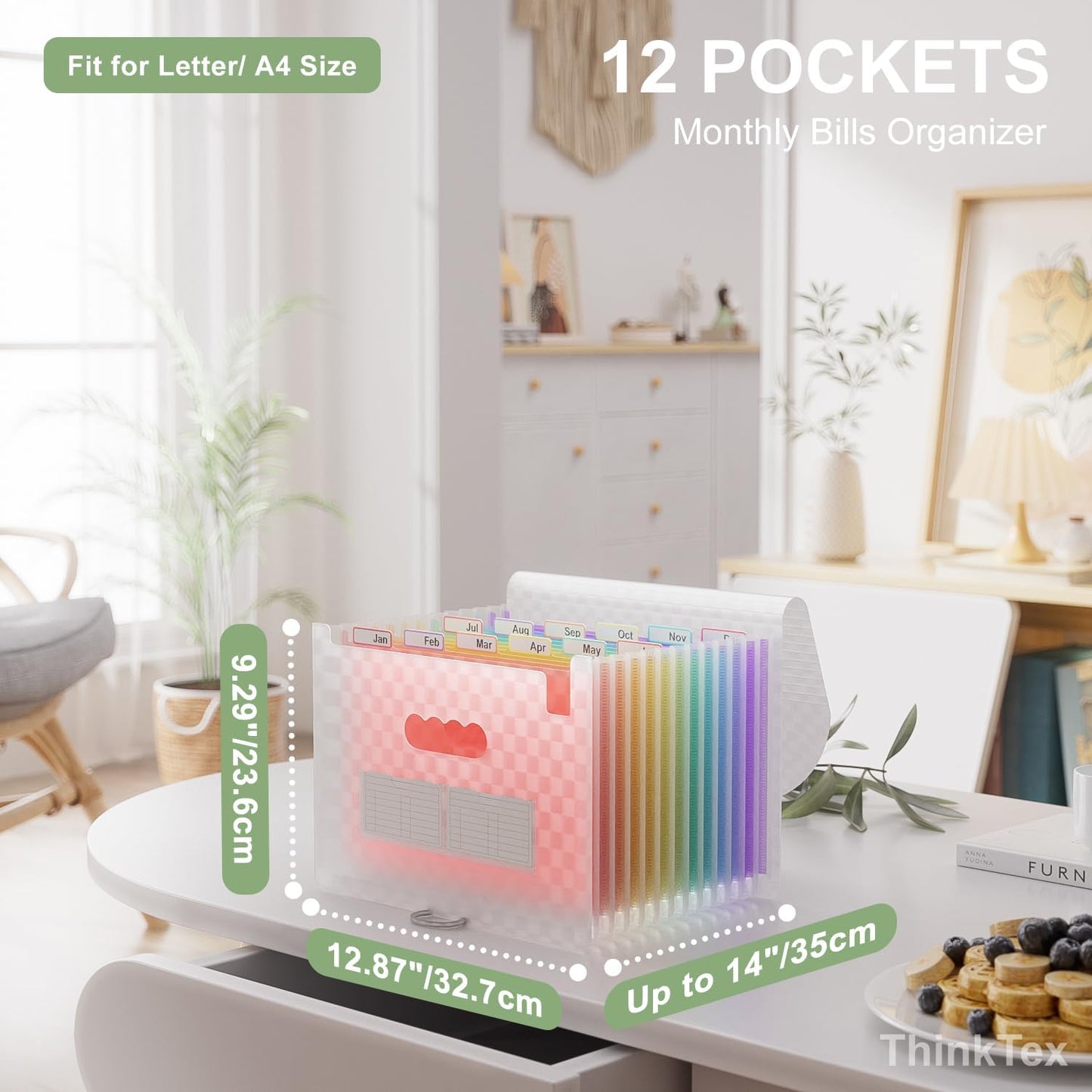 ThinkTex Accordion File Organizer, 12 - Pocket Expanding File Folders for Paper Receipts, Bills&Taxes Organizer, Letter/A4 Size Document Holder for School, Office, Home with Colorful tabs- Pink