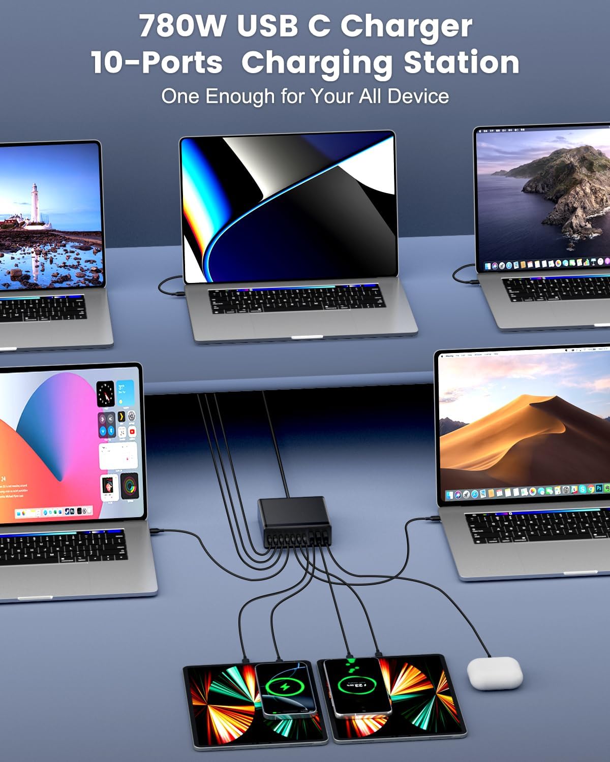 USB C Charger Block, 780W 10 Port Charging Station USB Charger Block Double 120W Gan Laptop Fast Charging Compatible with MacBook Air/Pro, iPhone, iPad, Dell XPS, Samsung Galaxy Note