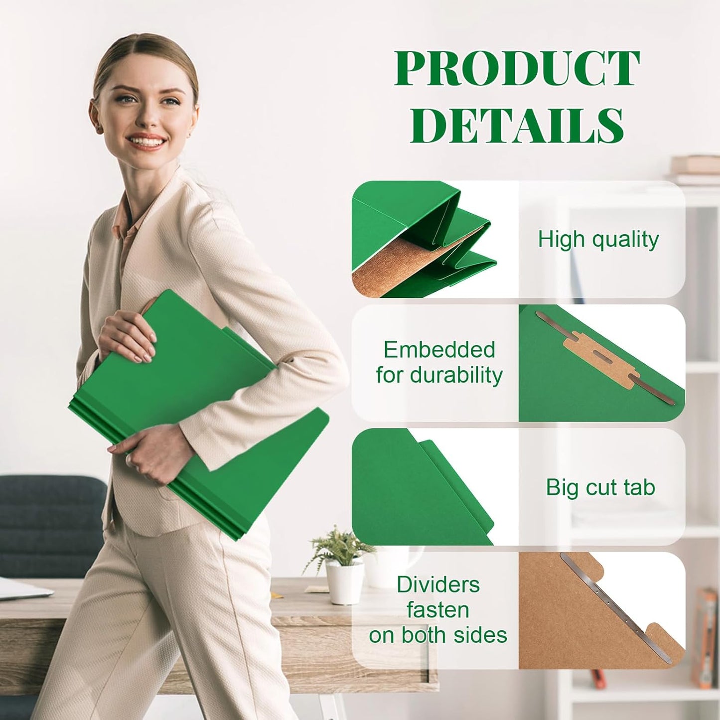 48 Pcs Classification Folders Letter Size, Back to School Supply for Teacher, Student, 1 Divider Pressboard File Folder Bulk with 2 Fasteners, 3.5 Inch Expanding File Organizer (Dark Green)