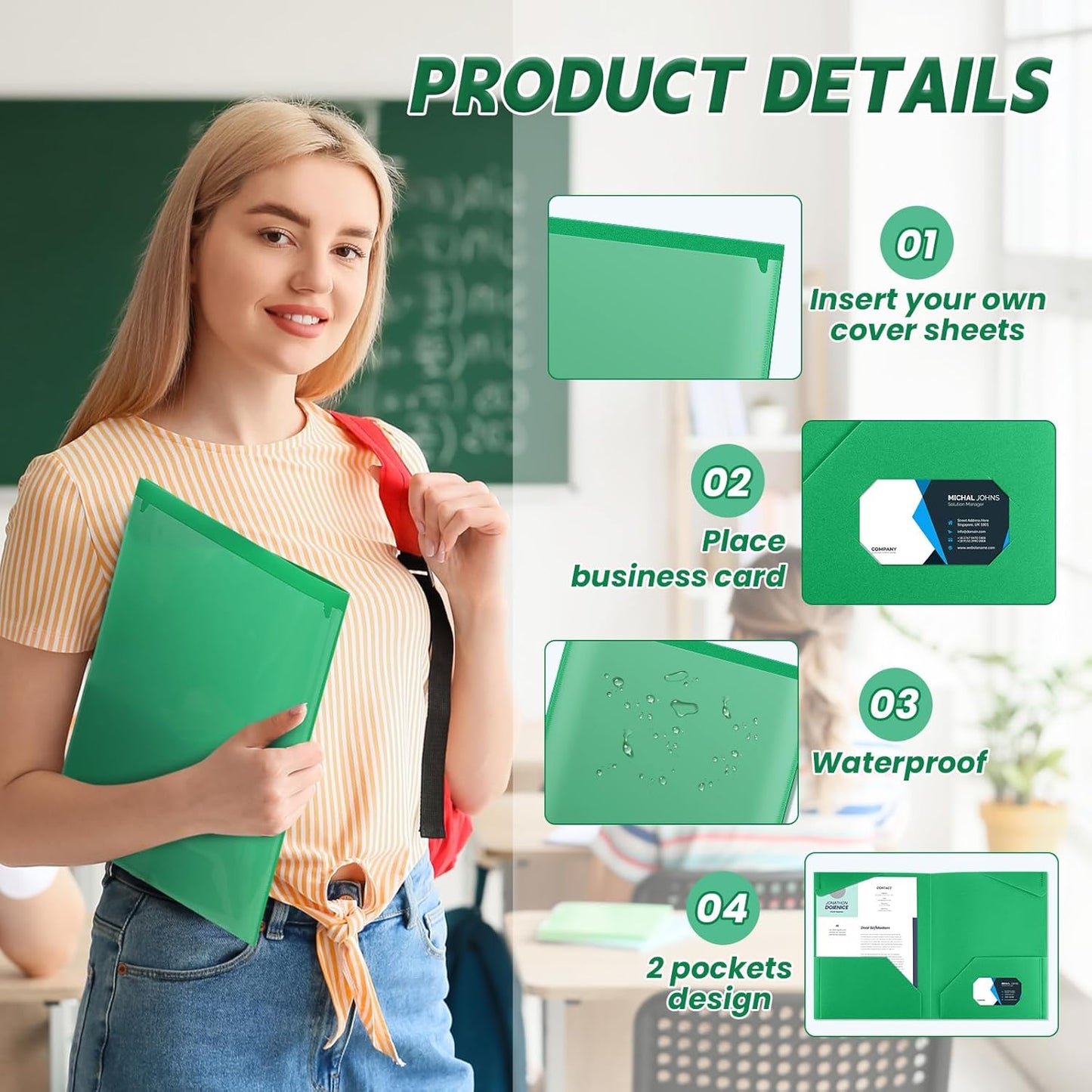 Henoyso 60 Pcs Plastic Folders with Clear Front Pockets Heavy Duty File Folders with 2 Pockets and Card Slot for Student Communication School Office Presentation Report (Green)