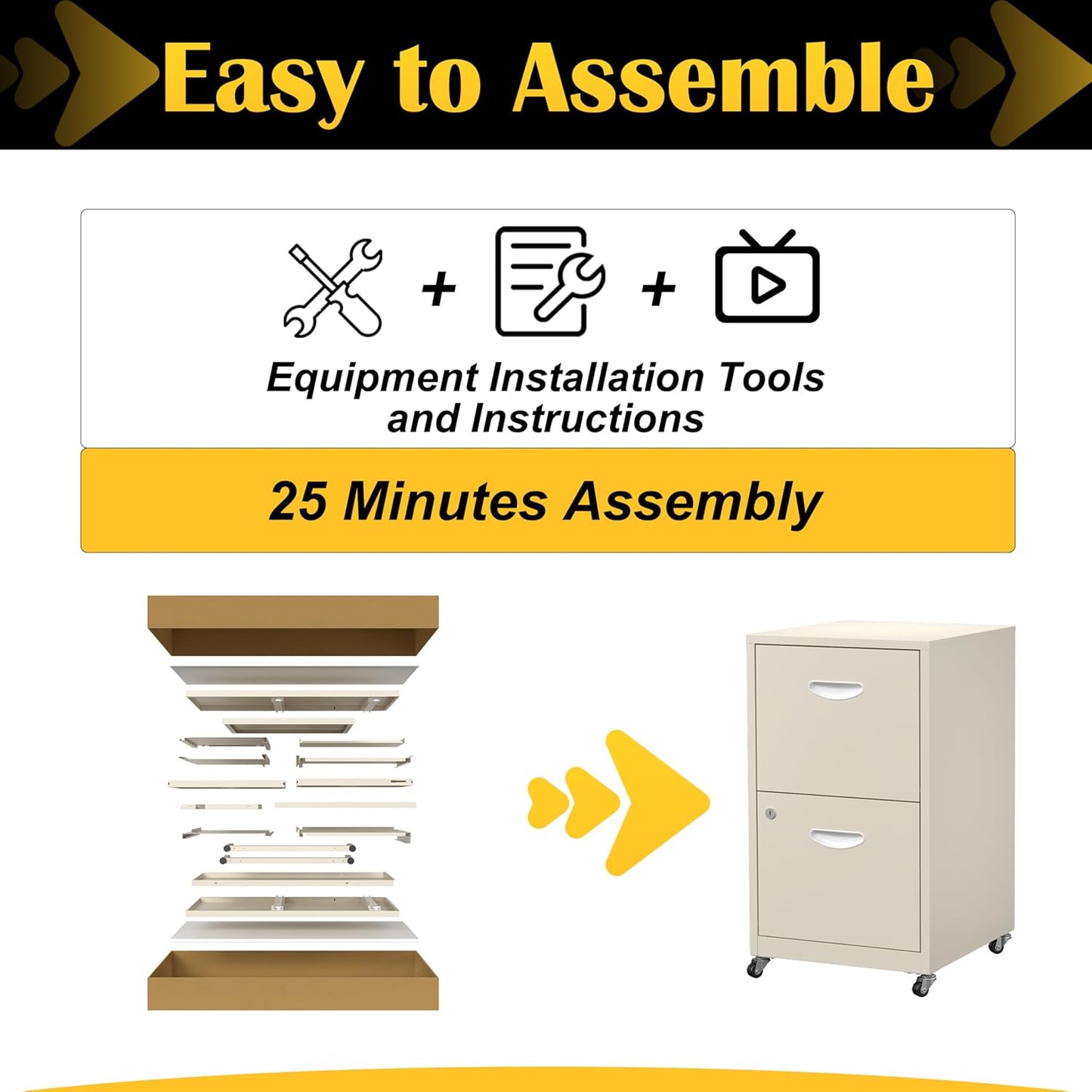 2 Drawer File Cabinet with Lock，Cream Rolling File Cabinet for Home Office, Metal Small Mobile Filing Cabinets on Wheels for Hanging Letter