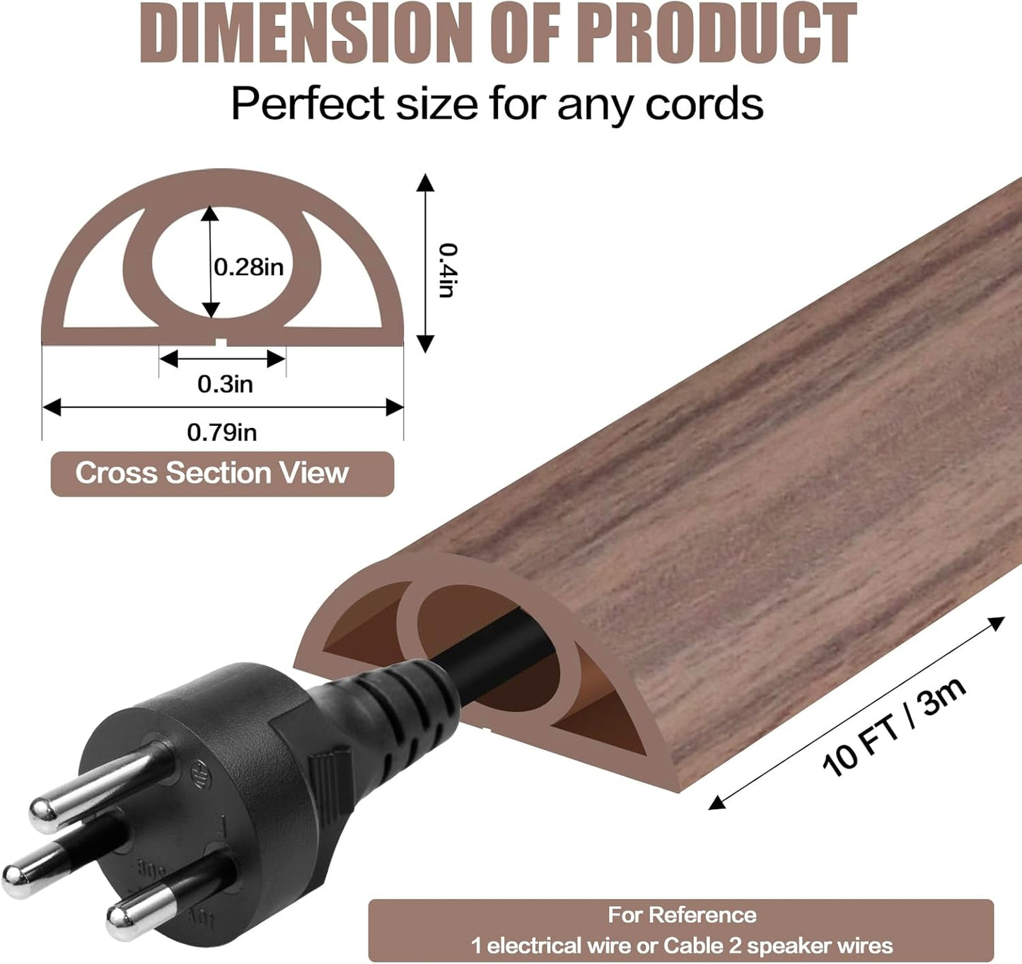 Floor Cord Cover Self Adhesive Cord Hider,10FT Cable Management, Extension Strip Protector for Wires, Prevent Cable Trips for Offices, Gyms, Exhibitions Cavity:0.3"(W) x 0.28"(H) Wood Walnut