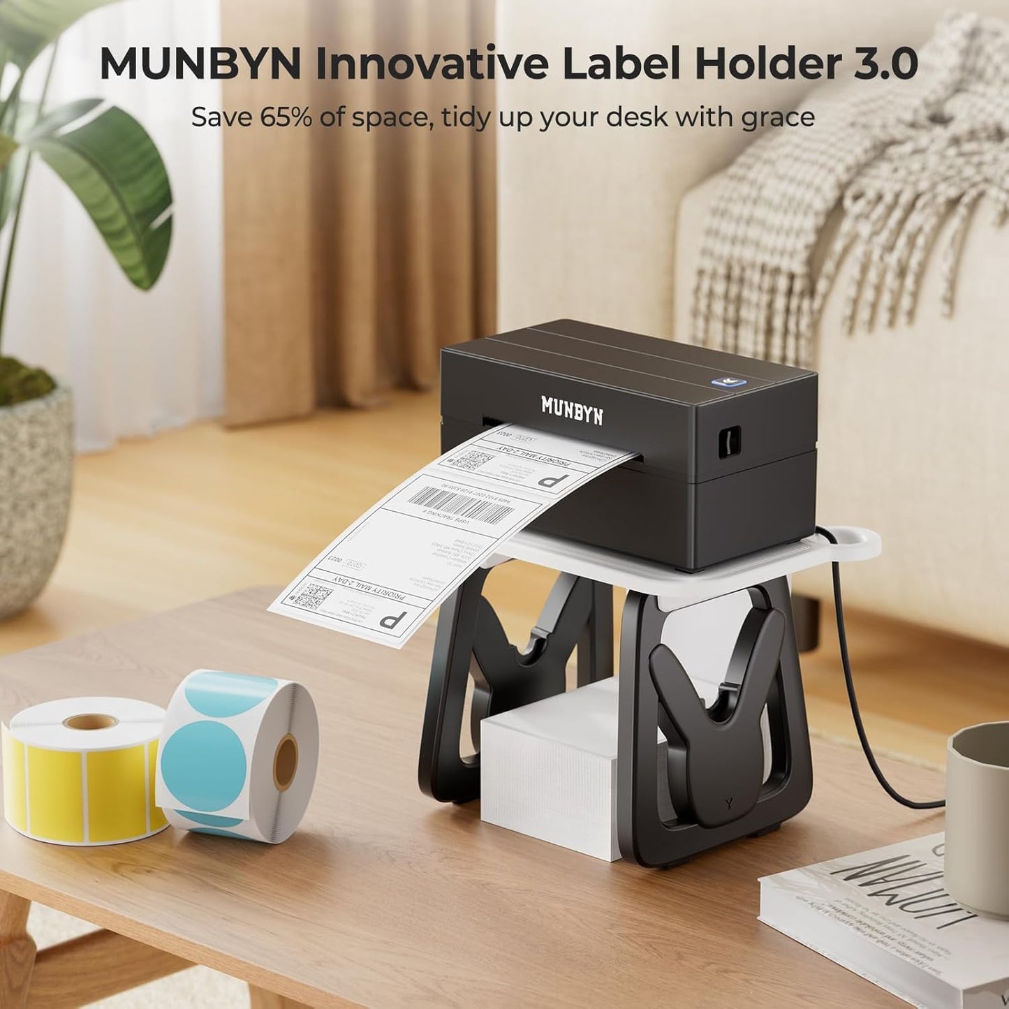 MUNBYN Label Holder for Rolls and Fanfold Labels, Thermal Sticker Holder for Desktop Thermal Printer, Accessory Supplies for Home, Office, Small Business