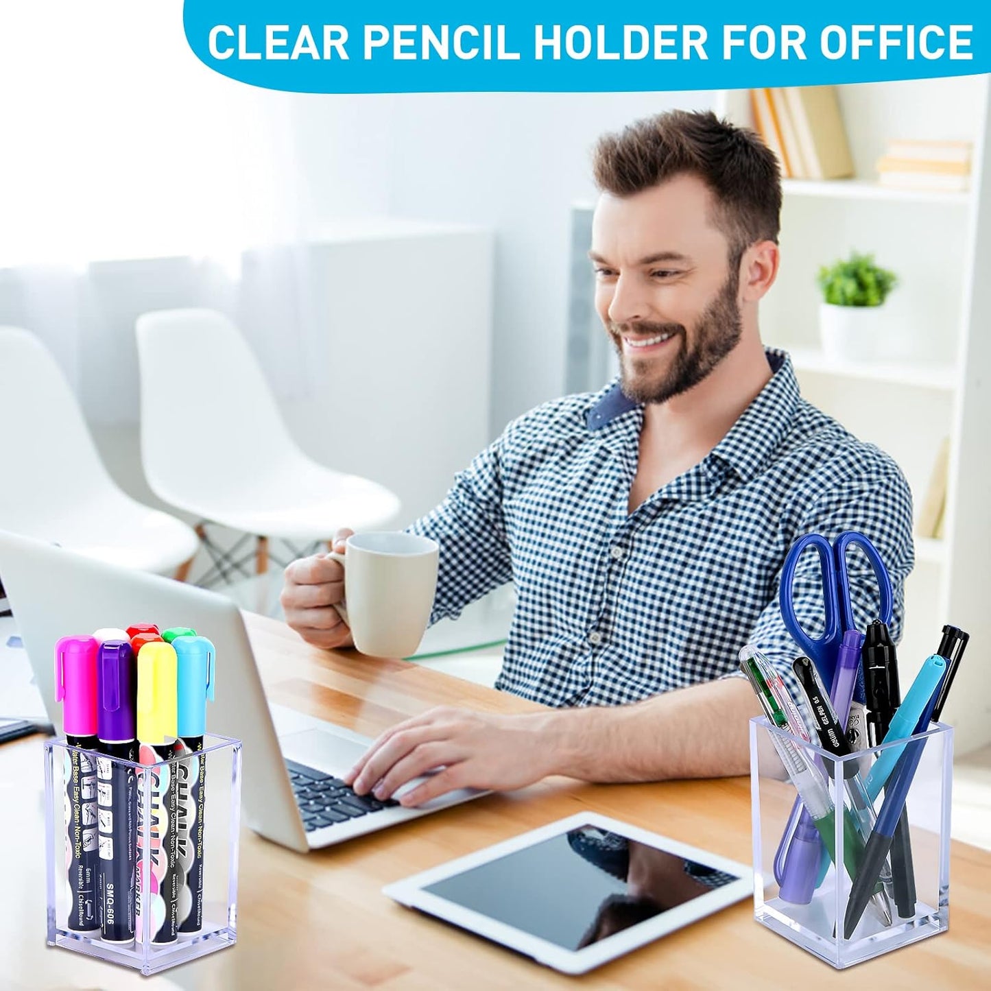 20Pack Clear Acrylic Pen Holder Desktop Pencil Organizer Acrylic Pencil Cup Stationery Office Organizer Makeup Brush Holder