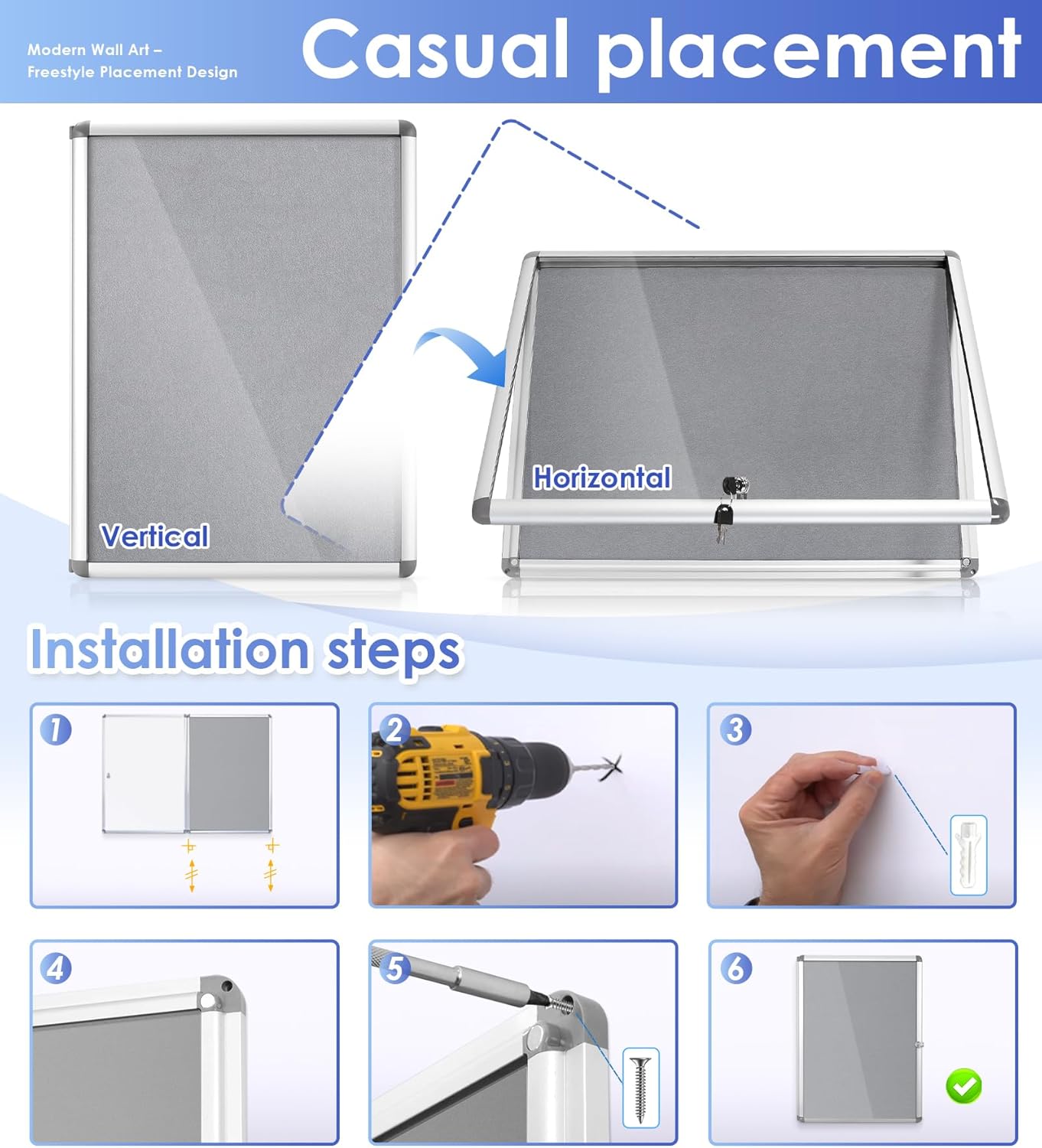 SWANCROWN Enclosed Bulletin Board 24x18 in, Tamperproof Lockable Grey Felt Board Wall Display Case for Office School Home, Aluminum Frame