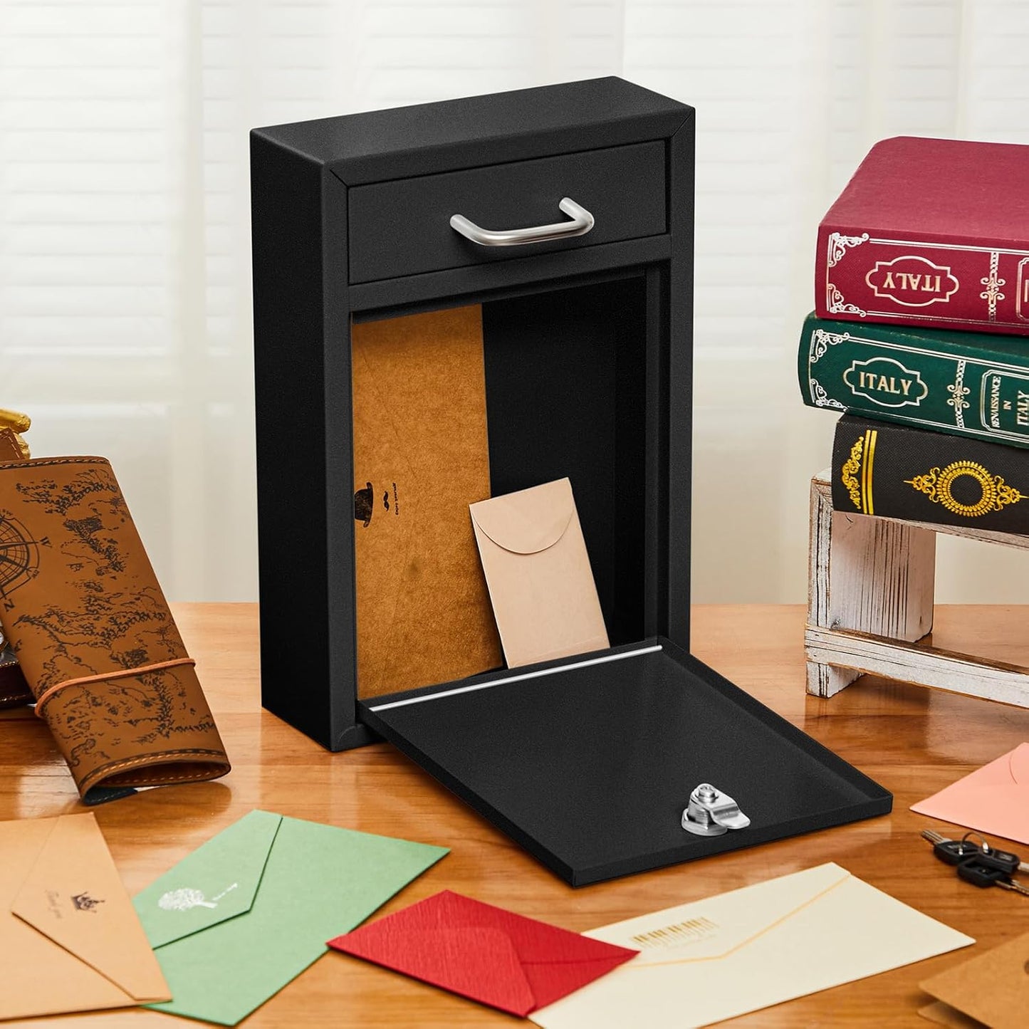 Locking Mailbox with Key for Outdoor 12.2 x 8.5 x 3 Inches Large Wall Mount Mail Box with Lock Security Mail Drop Metal Collection Boxes Hanging Secure Postbox(Black)