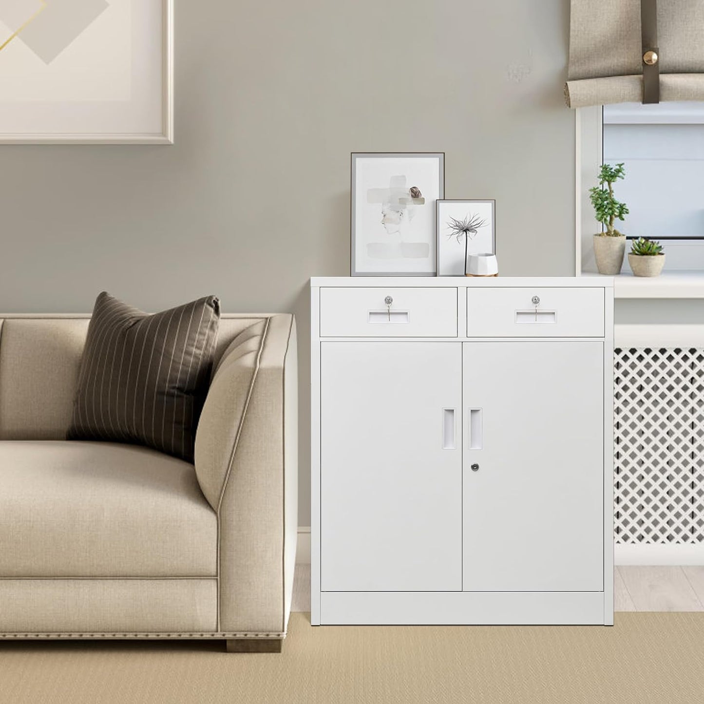 BESFUR Metal Storage Cabinet with Locking Doors and 2 Drawers, 36” Garage Cabinet for Classroom, Home and Office - White