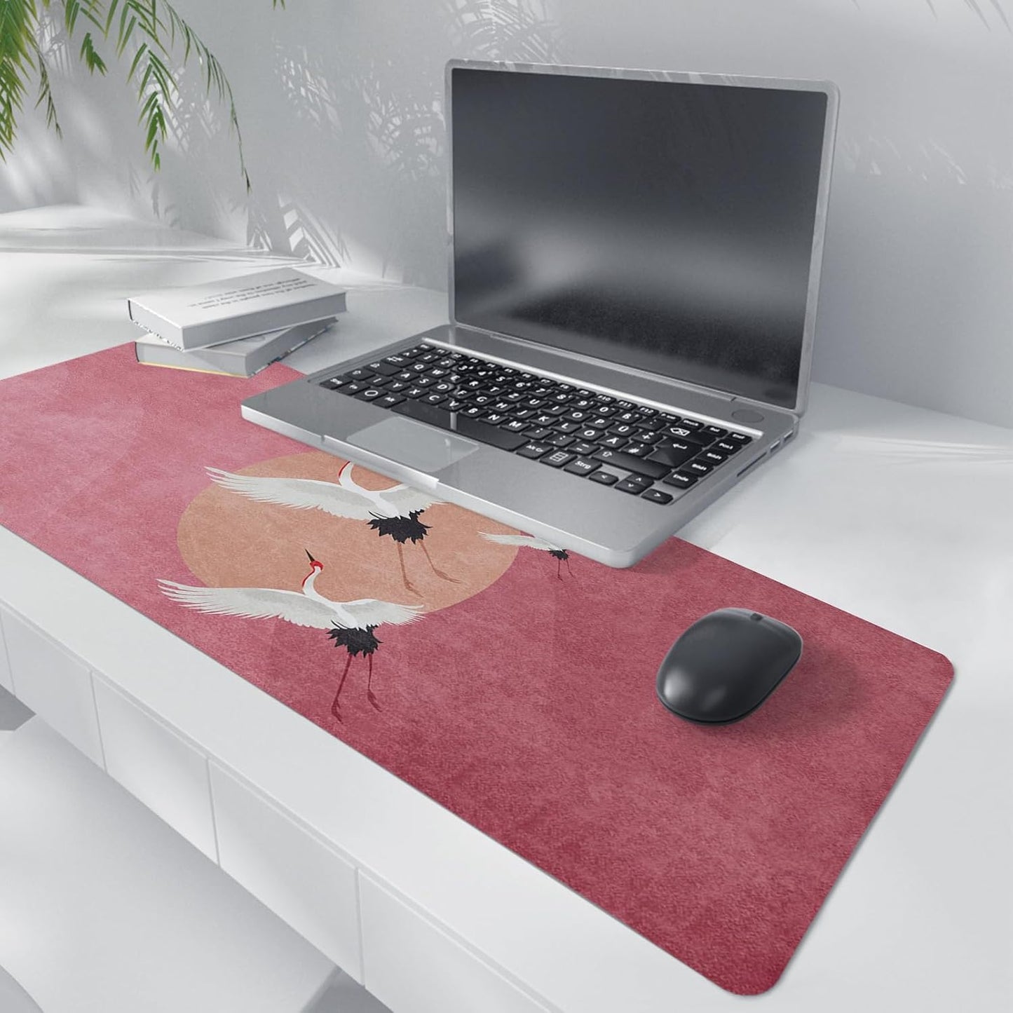 Retro Chinese Style Mouse Pad,Vintage Japanese Style Desk Pad,XL Large China Red Crowned Crane Laptop Desk Mat,Girly Pink Gaming Computer Pads,Girly Desk Mat For Home Office Dorm,31.5x11.8Inch