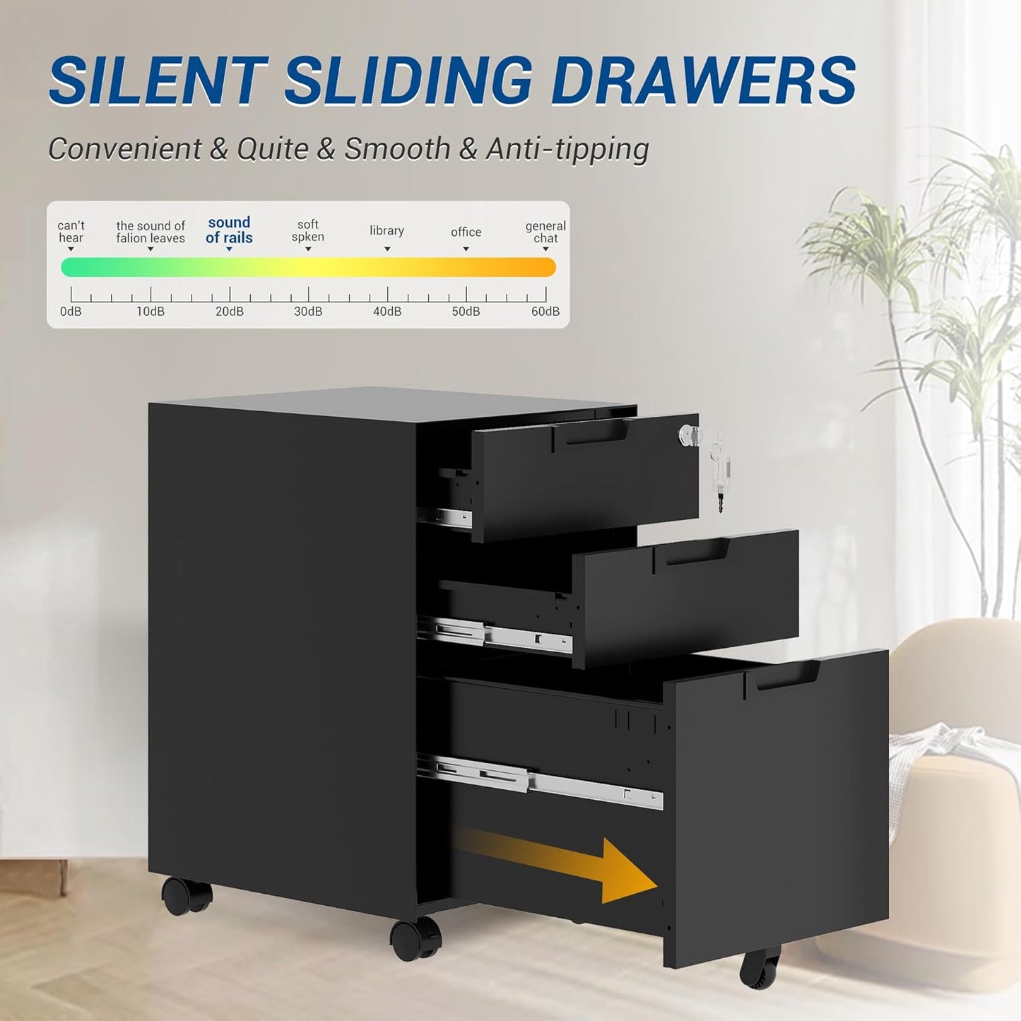 3 Drawer Vertical File Cabinet, Mobile Filling Cabinets with Lock for Legal/Letter Size, Pre-Built Office Storage File Cabinet with Wheels Under Desk - Fully Assembled