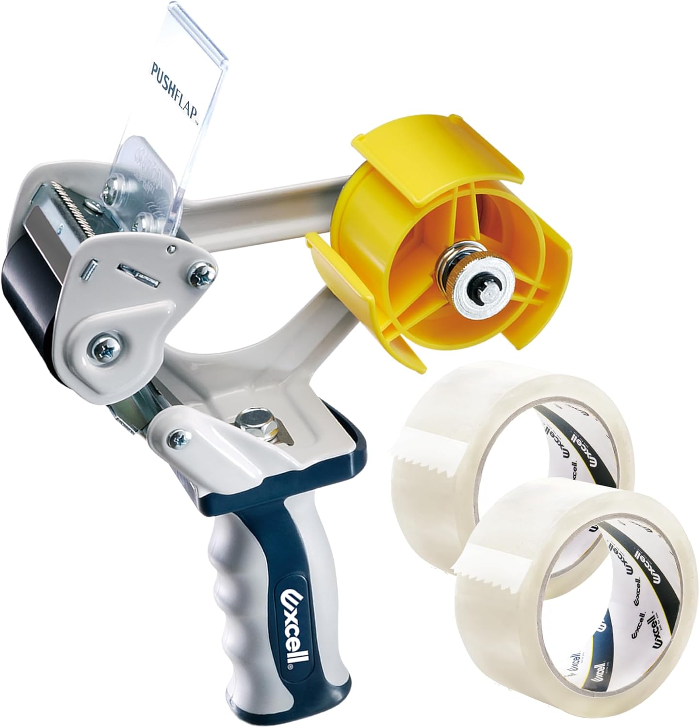 Excell EXC-828PL PUSHFLAP Tape Dispenser (2 Inch Wide), Manual, Metal/Plastic, 3 Inch Core for Carton Sealing & Packing, Easy One-Hand Operation - 1 Set + 2 Rolls of Transparent Tape