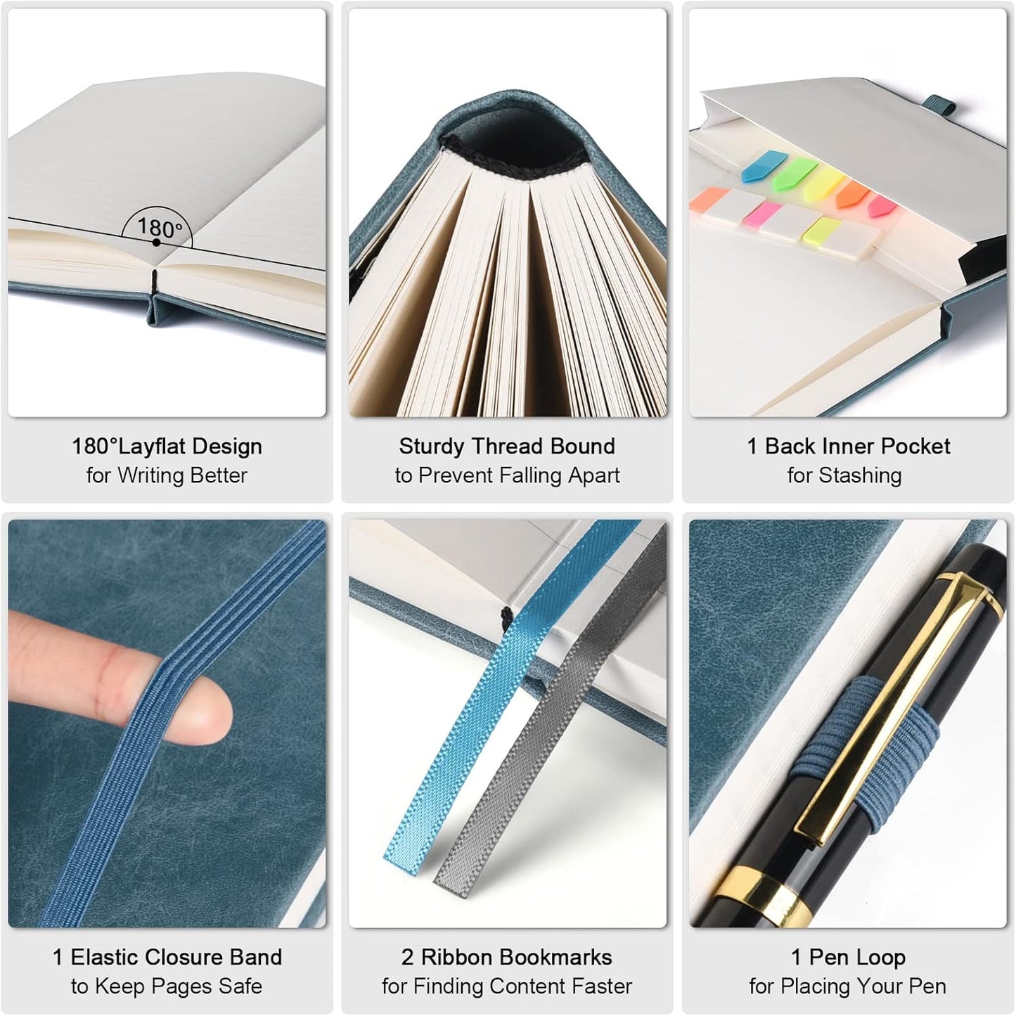 College Ruled Notebook, Large A4 Hardcover Leather Journal, 312 Numbered Pages Writing Journal, 100gsm No Bleed Paper, Lined Journal Notebook for Women Men School Office, 8.5''×11'', Grey Blue