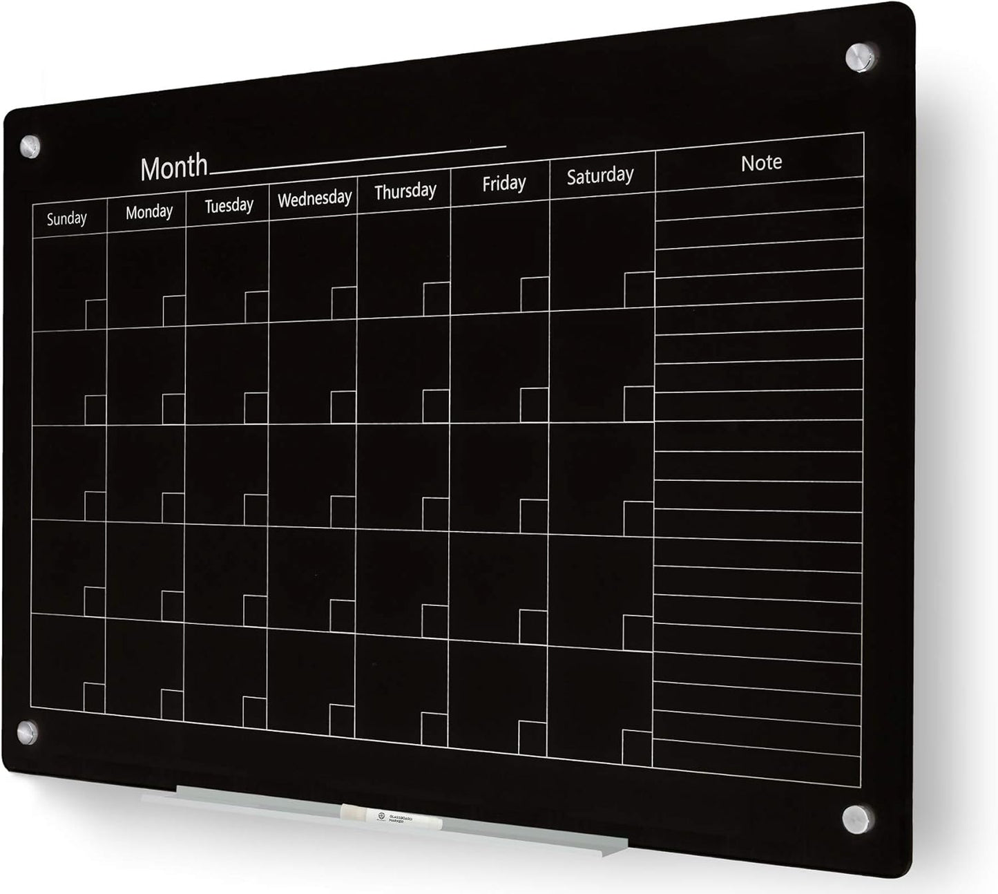 J&J worldwide Magnetic Whiteboard Calendar, 47 x 35 Black Glass Wall Calendar Dry Erase Board Monthly Planner for Home, School, Office, Frameless, with Markers, Marker Tray, Eraser, Magnets