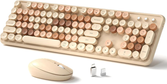 Wireless Keyboard and Mouse, Full-Size Retro Typewriter Keyboard with Round Keycaps, 2.4GHz for Windows, Mac, Laptop, PC, Desktop (Milky Tea Colorful)