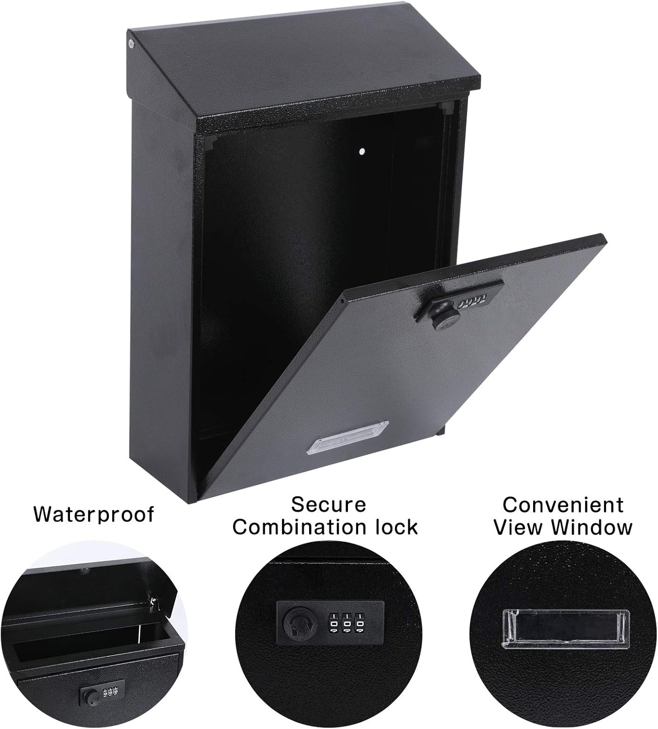 xydled Mail Boxes with Combination Lock,Locking Mailbox Wall Mounted,Large Capacity,Steel Cover Metal Postbox for House, 12.4×8.5×3 Inch, Black