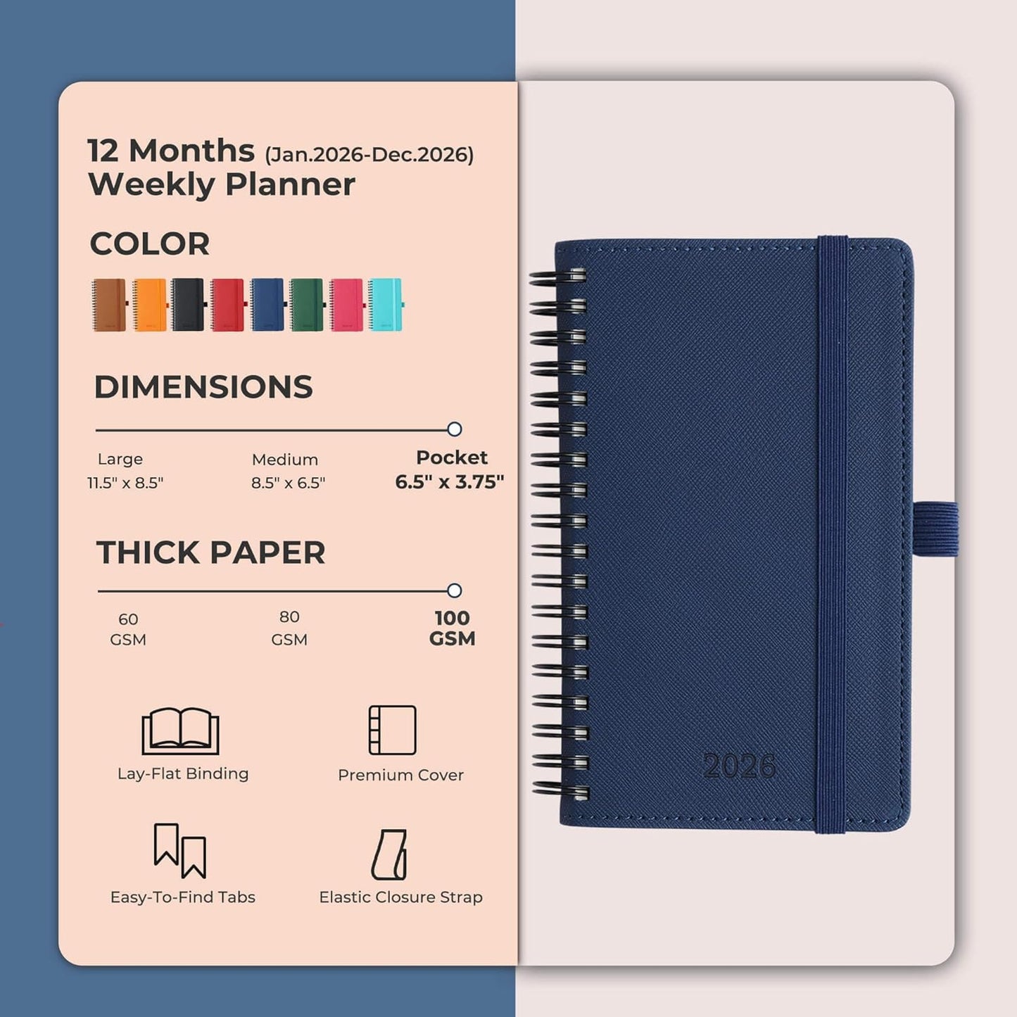 Planner 2026 Daily Weekly and Monthly,6.5"x3.75",12 Months Spiral Bound Calendar Agenda with Self-adhesive Pen Holder,2026 Appointment Book with Vegan Leather Soft Cover,Blue