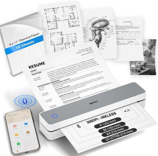 iDPRT Inkless Portable Printer for Travel, 300DPI Wireless Thermal Printer Support 8.5 x 11 Inch US Letter, A4, Small Bluetooth Printers Compatible with iOS, Android Laptop for Office Car Home, Grey