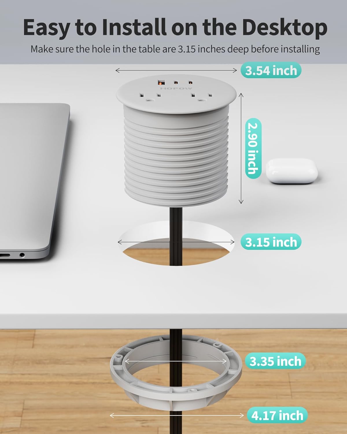 Recessed Desk Power Grommet with 4 AC Outlets 3 USB Ports (2USB C), Dual-Sided Flush Mount Outlet Charging Station for Desktop, Conference Room, Furniture Table, 6.5 FT Cord, Grey