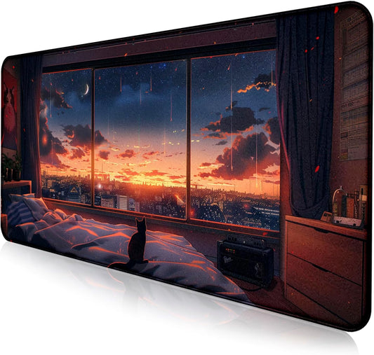 Anime Cat Fantasy Window Mouse Pad, Summer Mouse Pad Large Healing Night Scene, Game Table Pad XL Office Decoration Women's Laptop Keyboard Pad 35.4 x 15.7 x 0.12 Inches