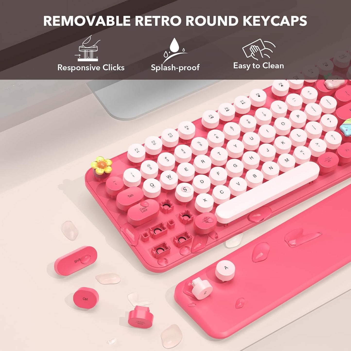 Wireless Keyboard, Round Keycaps, Retro Typewriter Keyboard with Detachable Wrist Rest, Sleep Mode, Foldable Legs, 2.4GHz Full-size Cordless Computer Keyboard for Windows/PC/Laptop (Colorful-Pink)