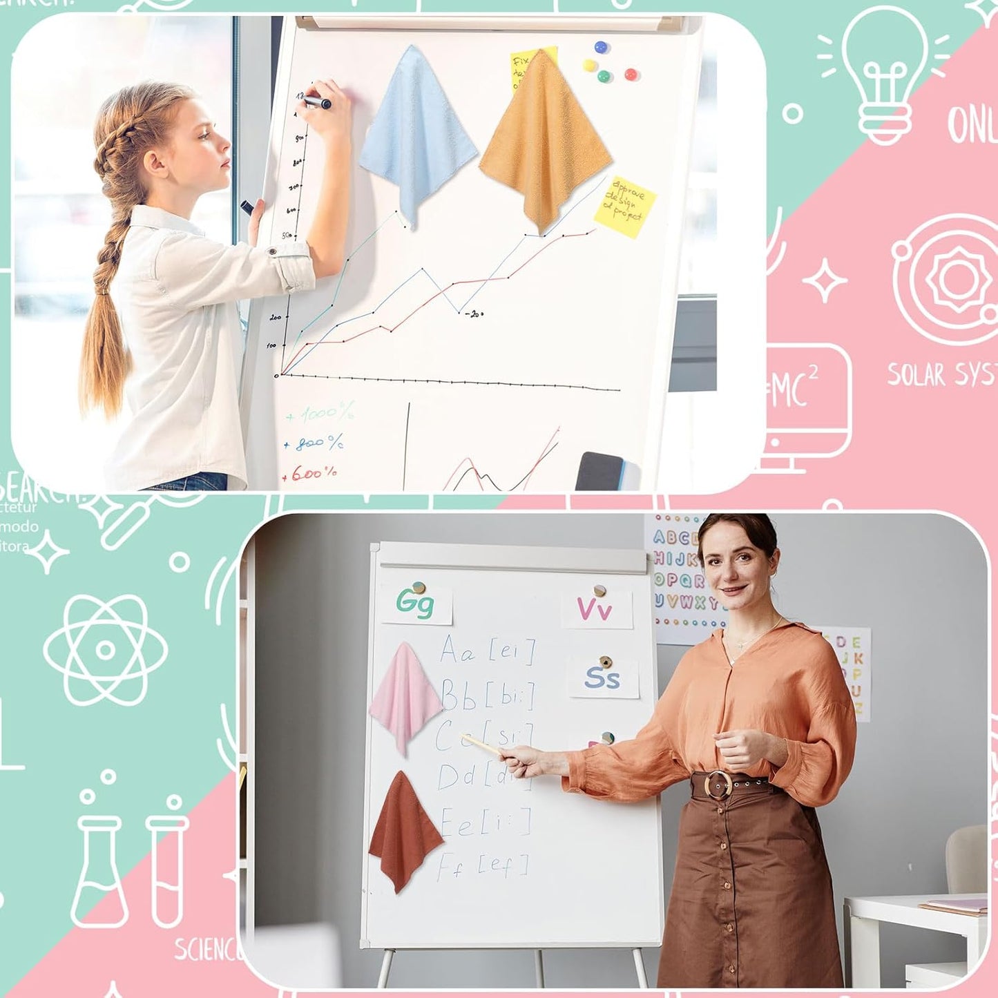 6 Pack Magnetic Whiteboard Cleaning Cloth Extra Strong Magnetism 10'' X 10'' Colorful Microfiber Dry Erase Cloth Reusable Washable Whiteboard Eraser for Classroom, Home and Office Use(Morandi Color)