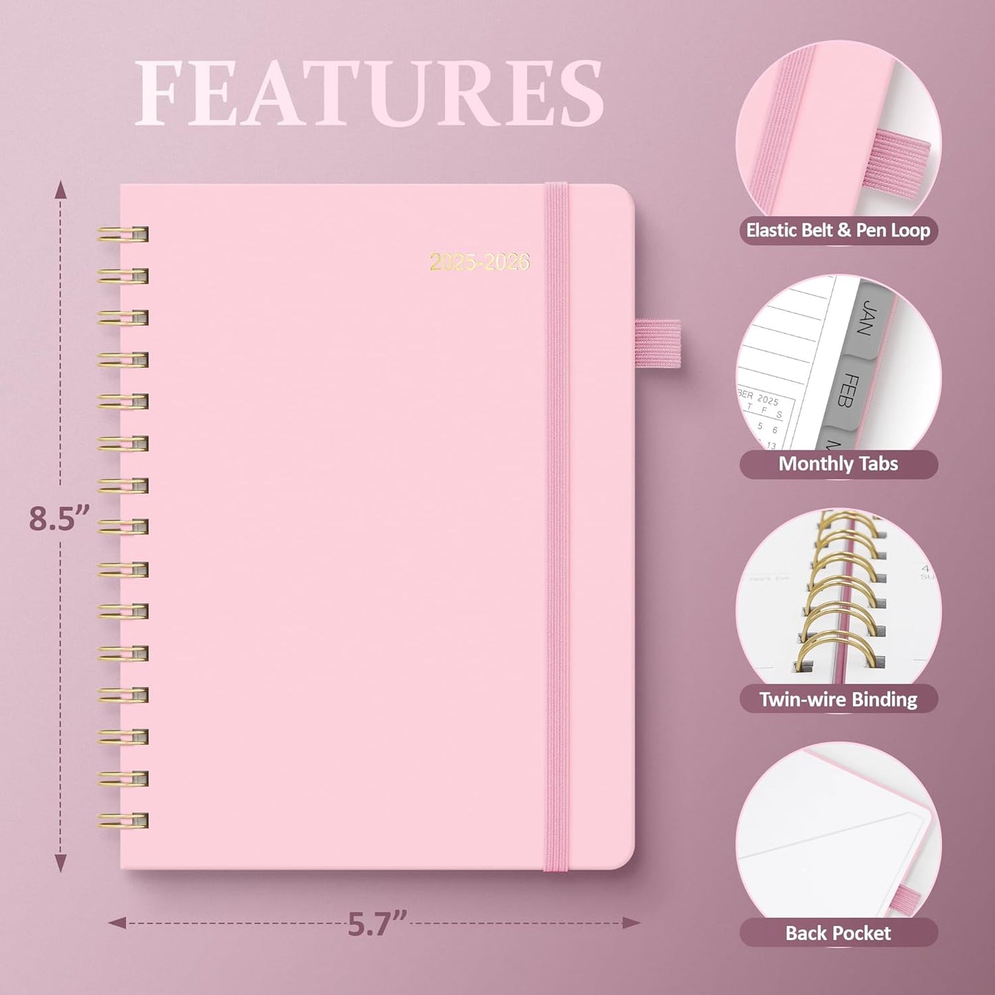 Planner 2025-2026 Weekly and Monthly, July 2025 - June 2026, Hardcover Spiral Bound with Tabs, Inner Pocket, A5 (6.3"x8.5") - Ideal for Teachers, Students & Professionals, Pink