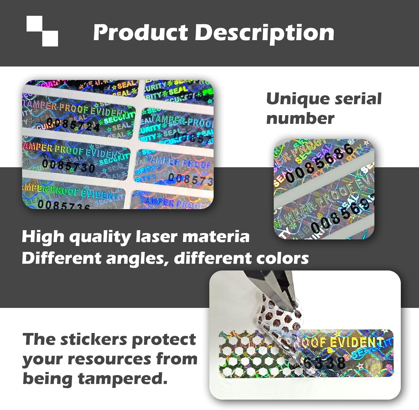 350pcs Tamper evident Hologram Stickers Original Security Labels Warranty Void Seal Tamper Proof Sticker with Unique Serial Number 1x0.3inch