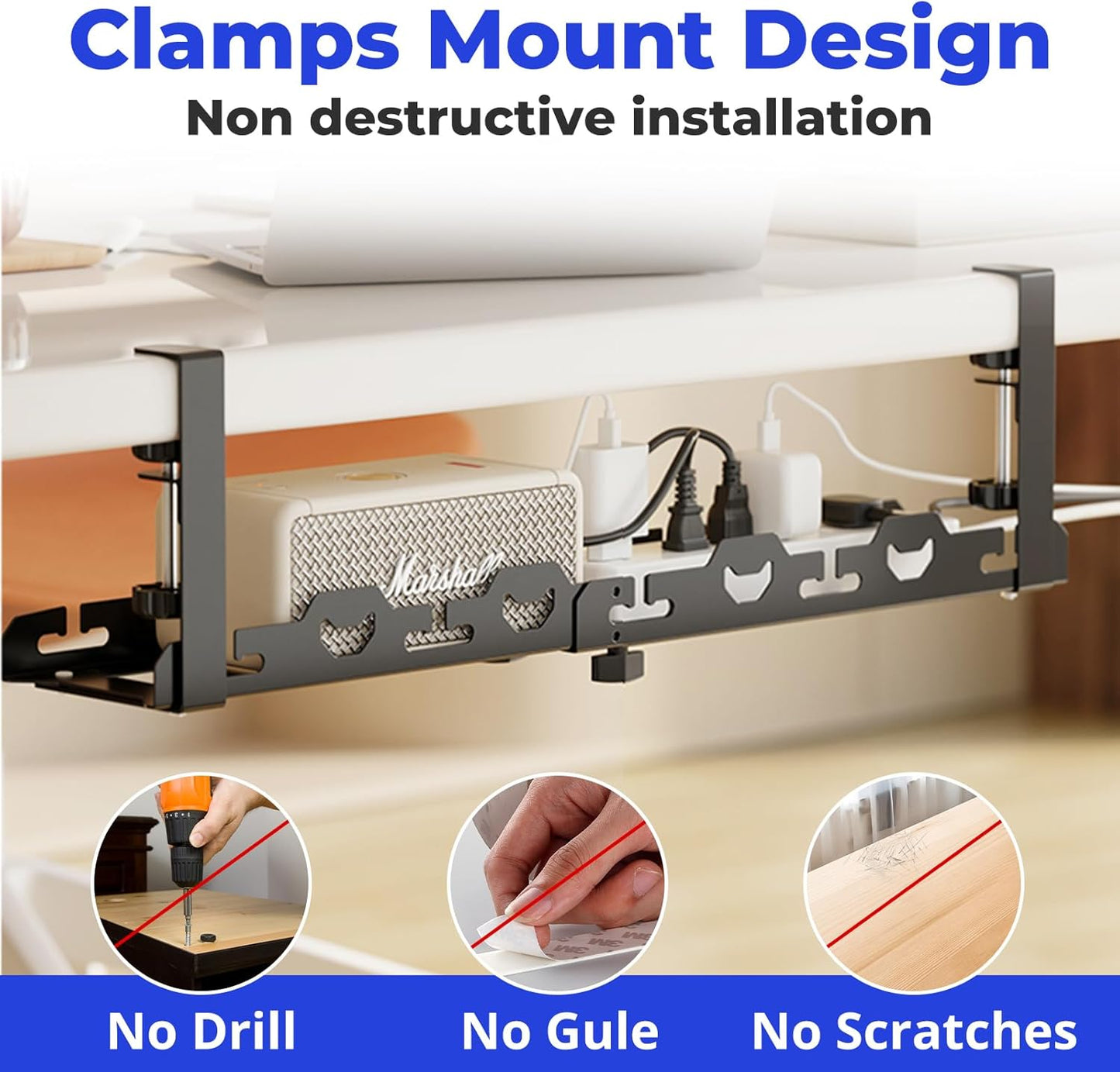 Under Desk Cable Management Tray Black Extendable 15.7"- 29.1" Metal Large Capacity Cable Management Kit No Drill Cable Management Box Cord Organizer for Desk Wire Management Cable Basket