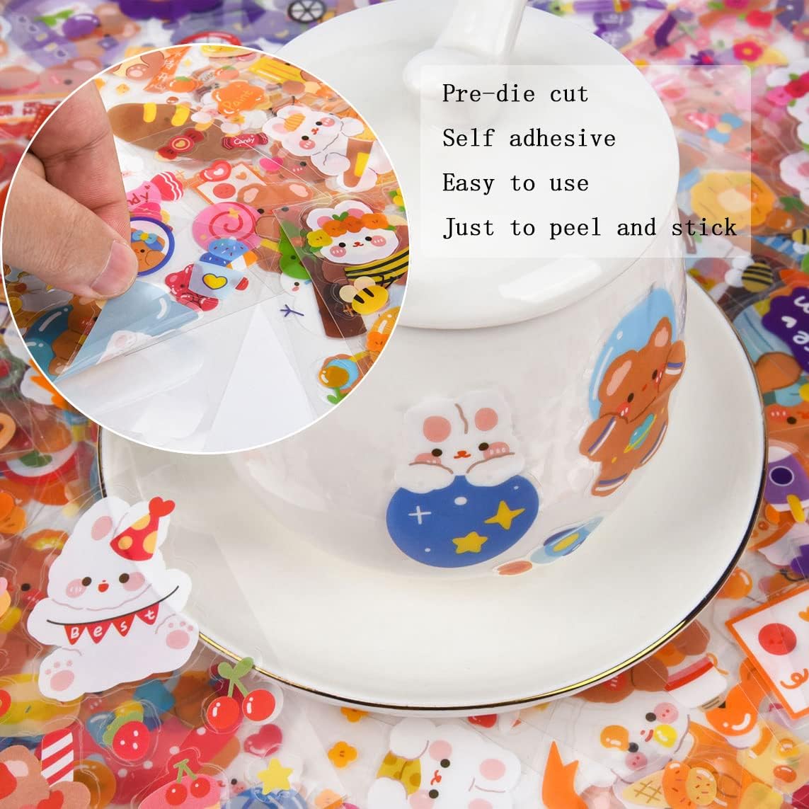 Cute Cartoon Bunny Bear Stickers, EAMOTOL 100 Sheets Kawaii Animals Transparent PET Scrapbooking Clipping Supplies Decals for Journaling Planners Collage Junk Journal Bullet Album Calendar Phone Case