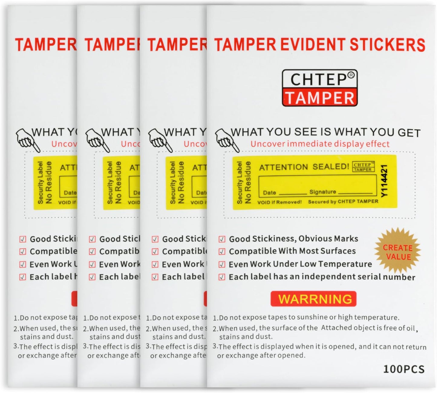 ChtepTamper 100 Pieces No Transfer Tamper-Evident Stickers Security Labels Great for Goods Shipping,Exchange of Agency Files, Privacy Protection or More(Serial Number 0.8 * 2.4inches Yellow)