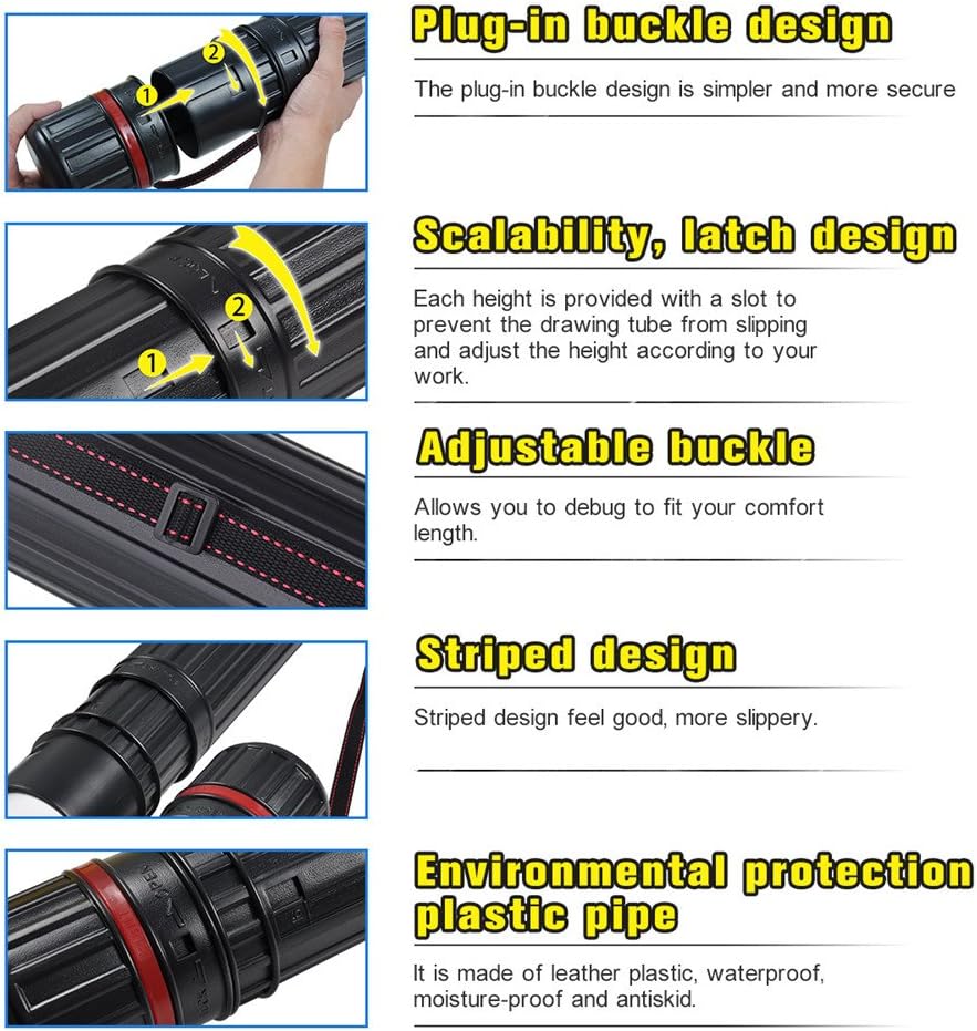 DEWEL Drawing Tube Blueprint Case Telescoping Art Tube Large Plastic Black Storage Tube Expands from 25 to 40 Inches Plastic Waterproof and Light Resistant Poster Tube with Strap