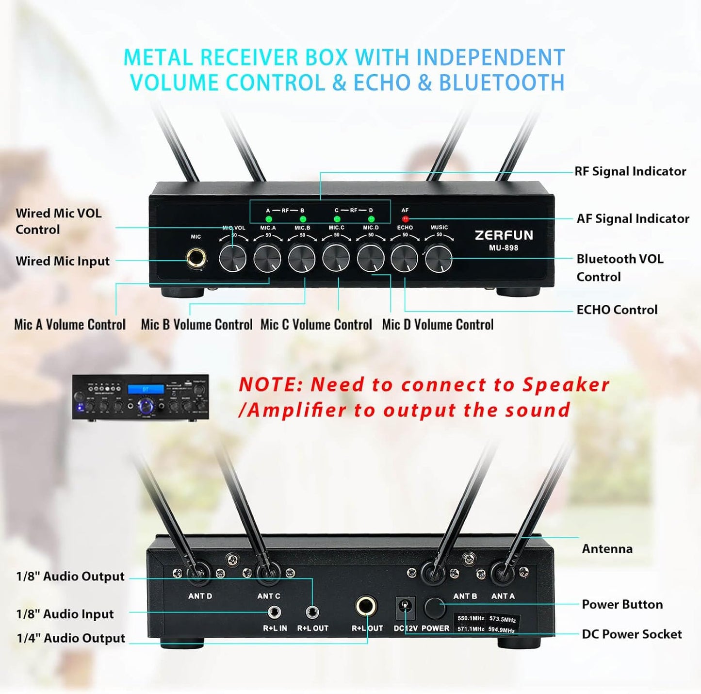 Rechargeable Wireless Microphone System 4 Channel Pro, UHF Metal Handheld Wireless Mics Cordless for Church Karaoke Singing with Bluetooth Echo Volume Control, 4x50 Frequency(MU-898)