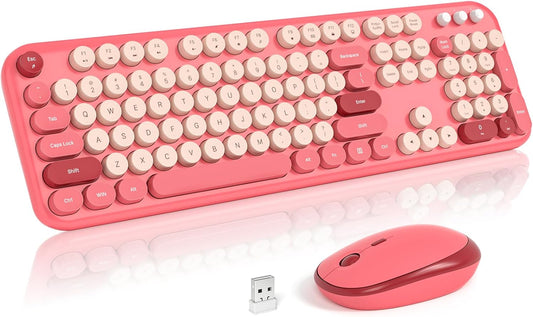 MOFII Wireless Keyboard and Mouse, Retro Typewriter Keyboard and Silent Mouse, 2.4GHz Full Size Keyboard and Mouse Wireless Combo for Laptop, PC, Desktop, Windows (Hot Pink)