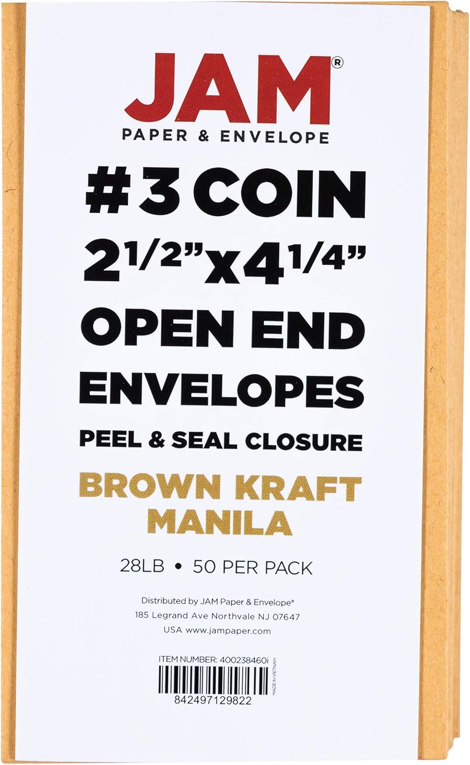 JAM PAPER #3 Coin Business Commercial Envelopes with Peel and Seal Closure - 2 1/2 x 4 1/4 - Brown Kraft Manila - 50/Pack