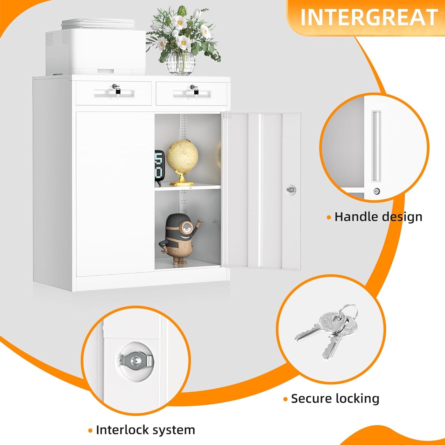 INTERGREAT Metal Cabinet with Drawers, Lockable Metal Storage Cabinets with Doors and Shelves for Garage, White Locking Garage Storage Cabinets 36"×32"×16"