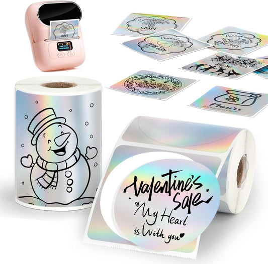 HuiJuKeJi 2 Rolls Holographic Silver Thermal Labels Paper for Phomemo M110 M200 M220 M221,50x50MM Round＆Square,Waterproof Self-Adhesive Mini Printer Laser Stickers for DIY Glitter Labels/Thanks Card