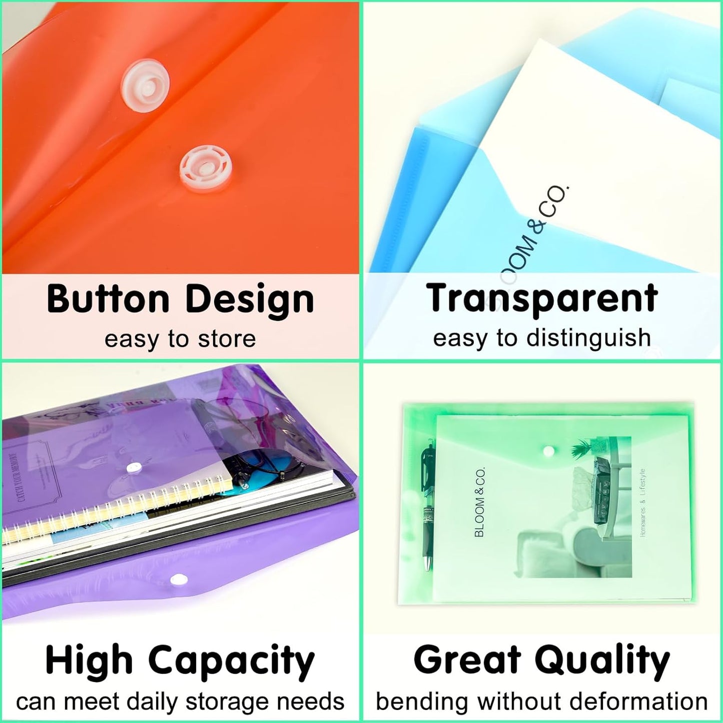 NACHLYNN 18 Pack Plastic Envelopes Poly Envelopes with Snap Closure A4 Size Clear Document File Folders Organizers Assorted Color File for School Office Supplies