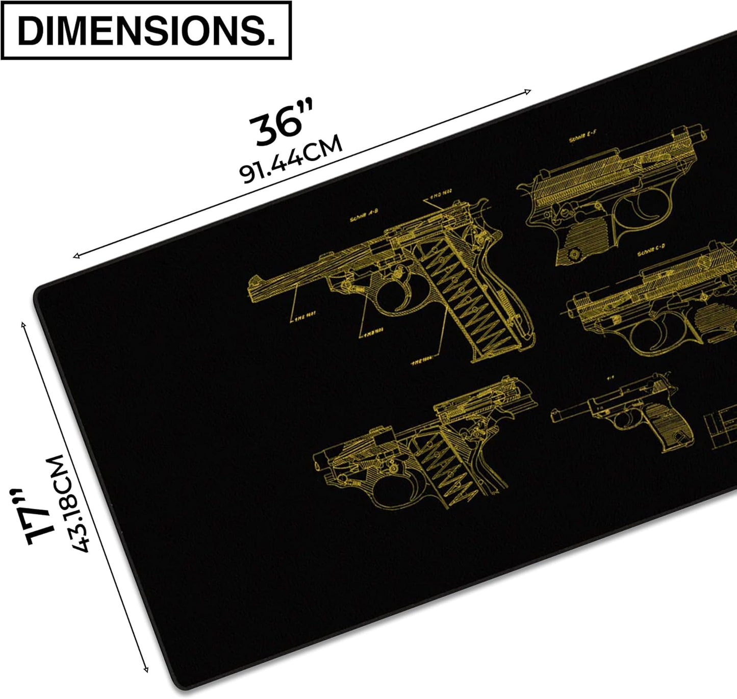 MPCO. Blueprints Large Gaming Desk Pad - 36" x 17" Duraglyde Fabric Pistol 38 – Black/Yellow Desk Mats - Non-Slip, Washable, Smooth Glide for Precision Gaming & Work