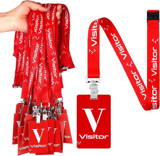 PerKoop 25 Pack Visitor Badge Lanyards Volunteer Badge Holder with Clips ID Card Holder with PVC Pass Card Reusable Breakaway Lanyards for Company Exhibition Guest Visitor(Red)