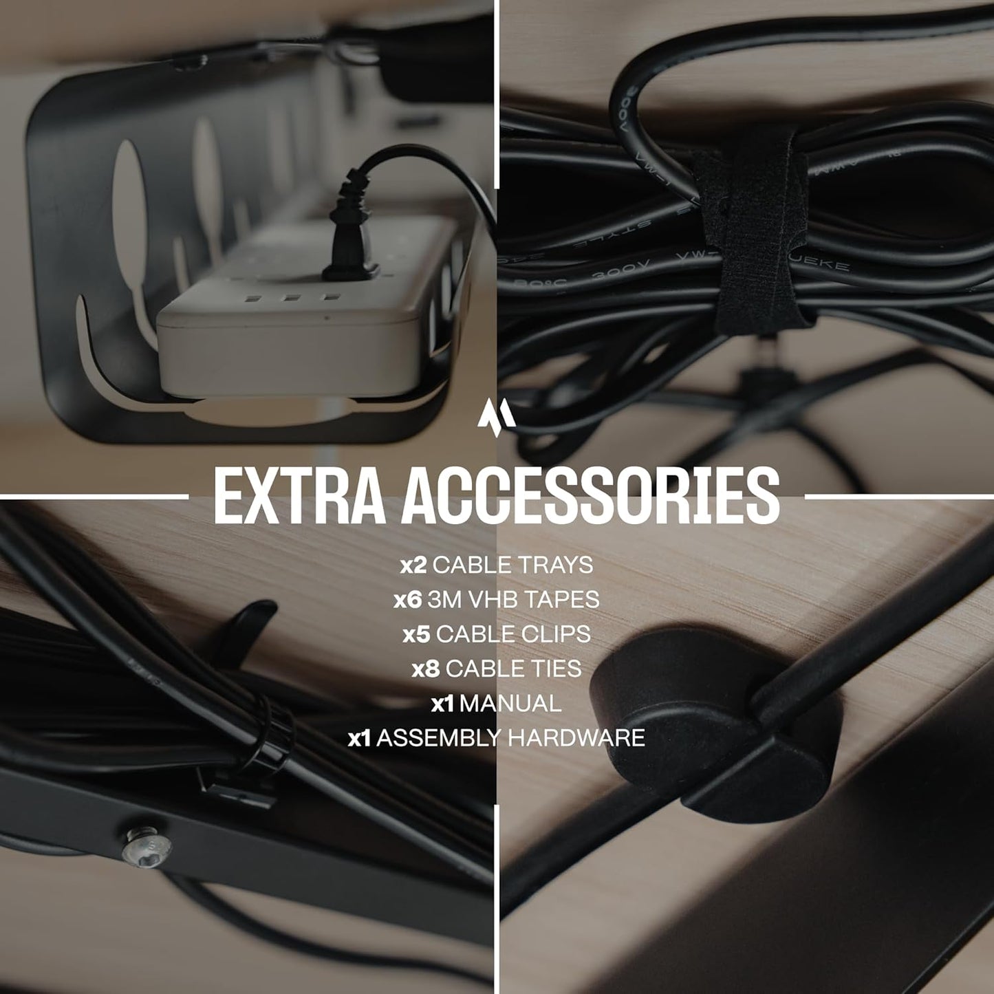 No-Drill Under Desk Cable Management Tray - 2-Pack Wire & Cord Organizer - Standing Desk Cable Management - Power Strip Holder - M