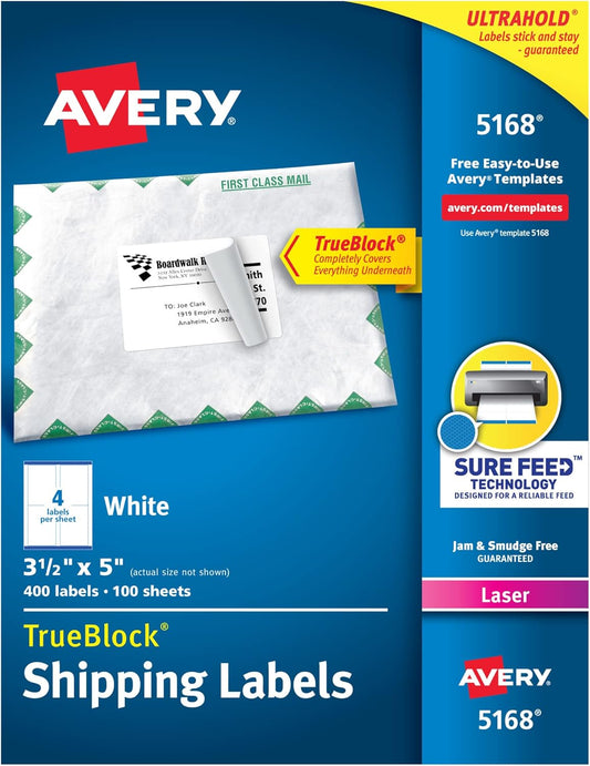 Avery Printable Shipping Labels with Sure Feed, 3-1/2" x 5", White, 400 Blank Mailing Labels for Laser Printers (5168)