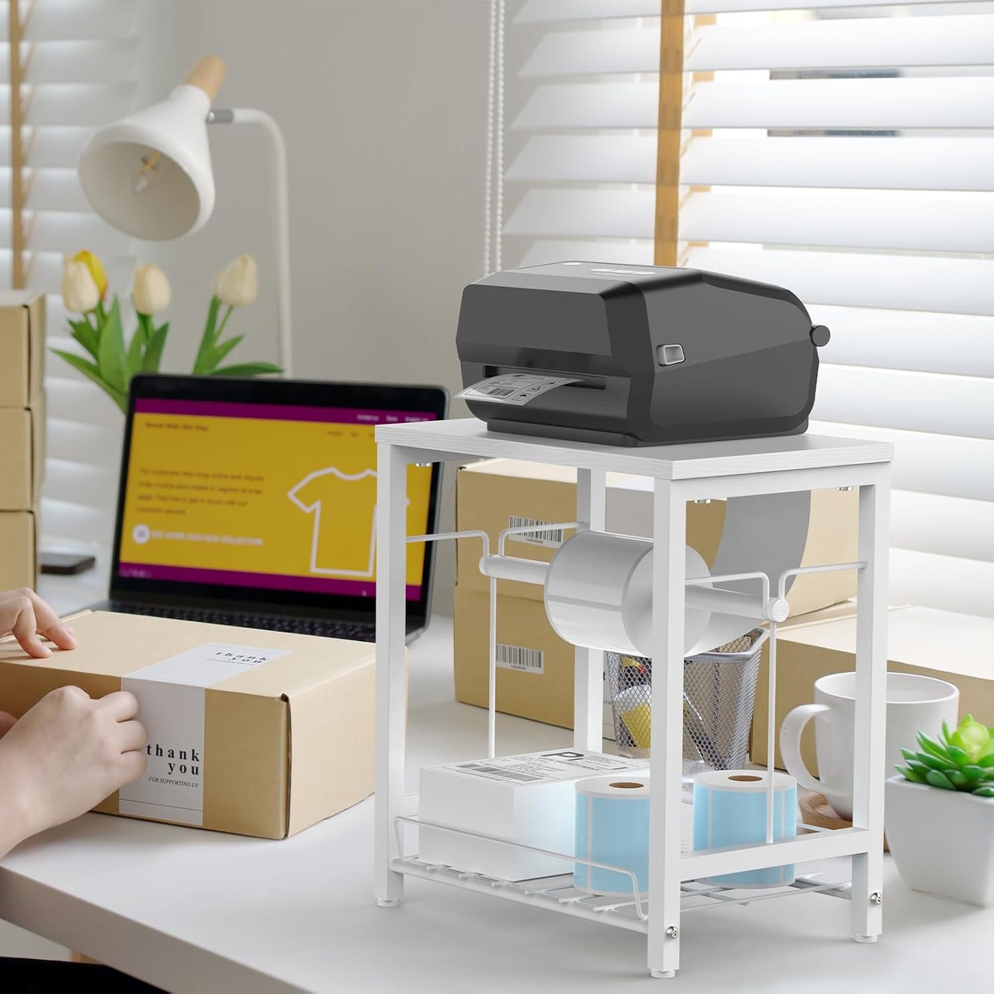 NANANARDOSO Label Holder for Thermal Printer with Basket,Wooden Label Holder for Shipping Label Printer,Sticker Roll Holder for Home, Office Small Business,White