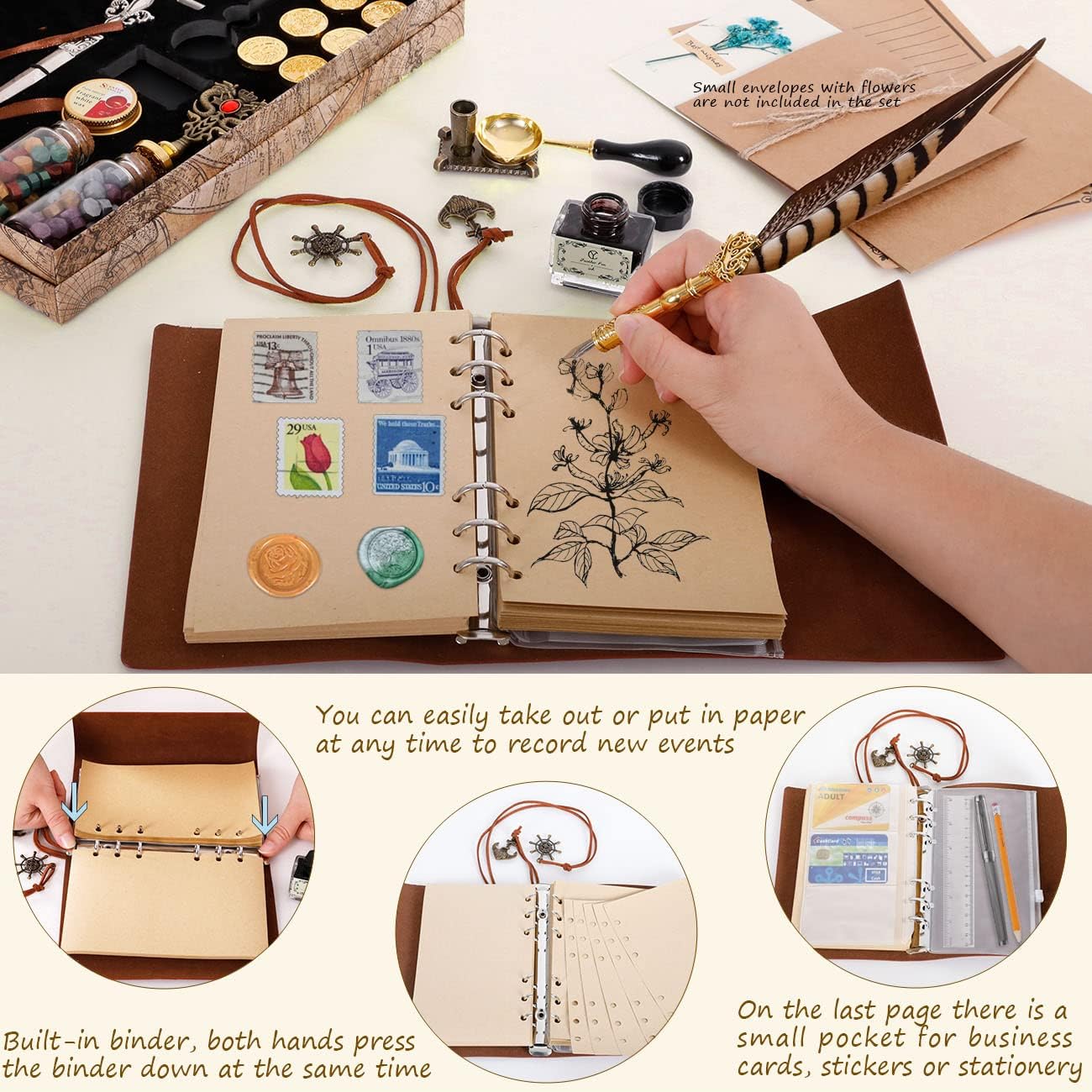 Feather Pen Pheasant Quill Pen and Ink Set,Caligraphy Kits for Beginners, Feather Pen and Ink Set With Leather Journal Notebook,Wax Seal Kit,7 Wax Seal Stamp Heads,Calligraphy Pens for Gift