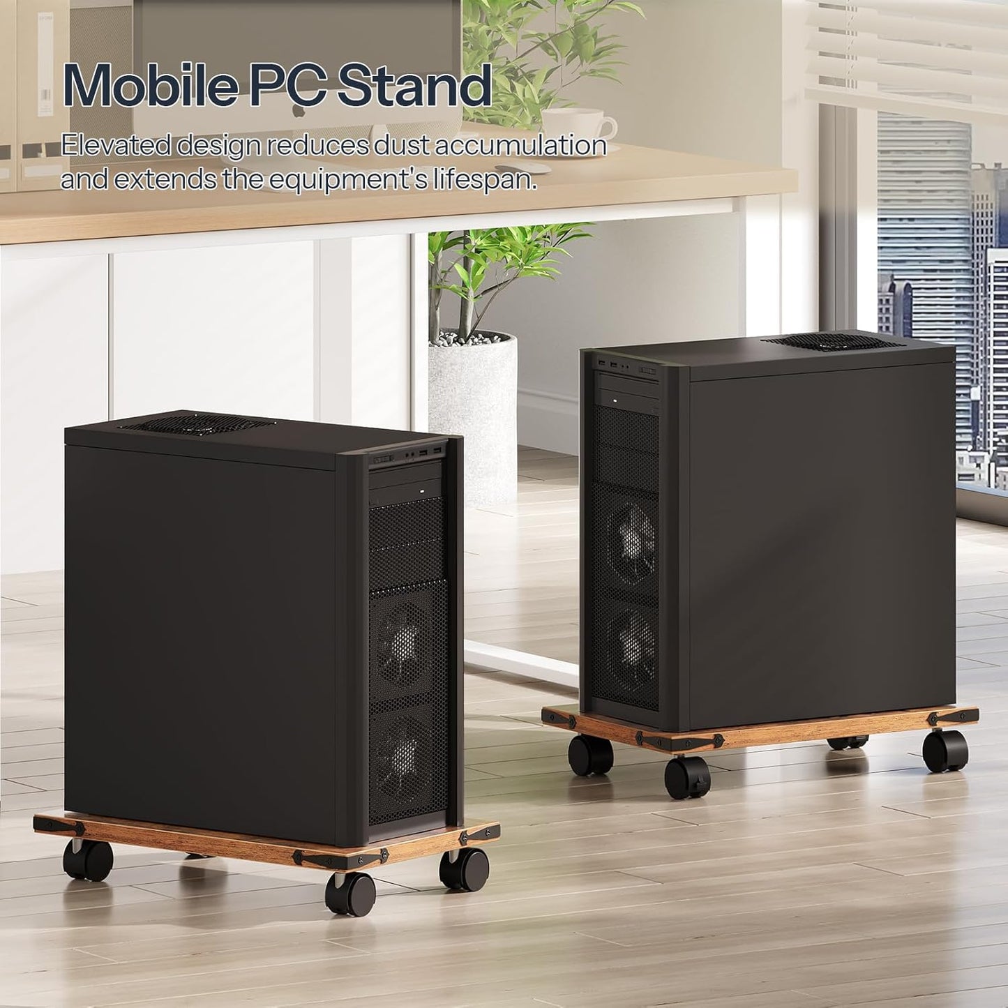 HOOBRO Mobile PC Stand, Ventilated Computer Tower Stand, PC Tower Holder with 4 Caster Wheels, CPU Holder Under Desk Fits Most Computer Host, for Office, Gamers, Rustic Brown BF46CJ01