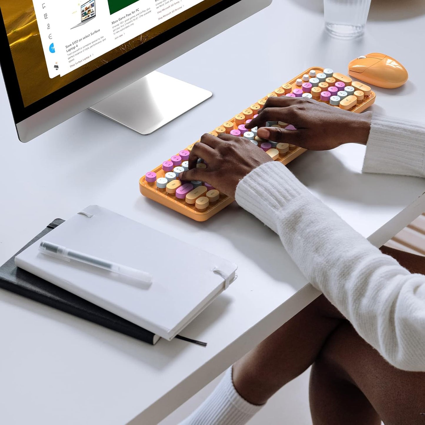 Wireless Keyboard and Mouse Combo, MOWUX Colorful Computer Full Size 2.4G Plug and Play Wireless Typewriter Keyboard and Mouse Set for Windows, Computer, Desktop, PC, Notebook (Orange Colorful)