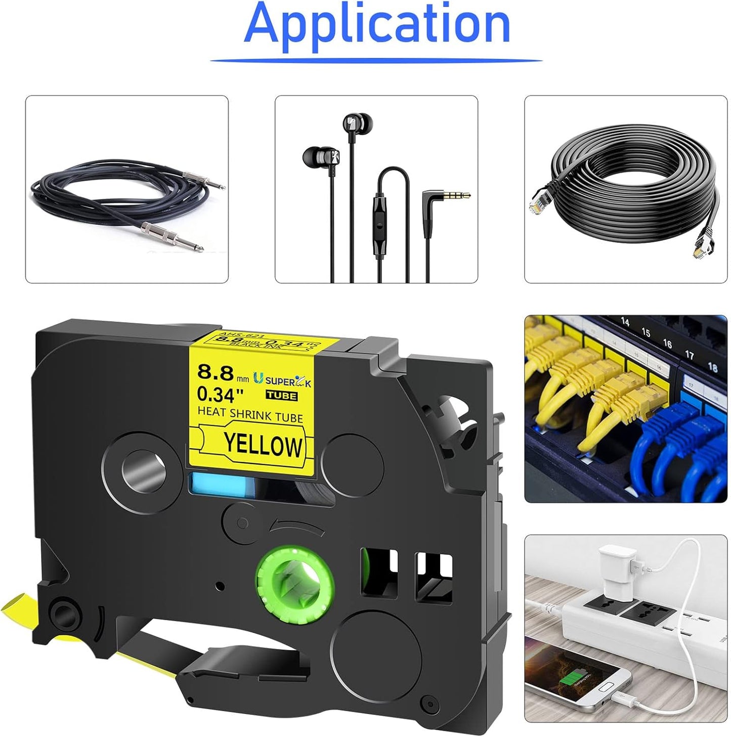 10PK Compatible for Ptouch HSe-621 HSe621 HS-621 HS621 Black on Yellow 8.8mm 0.34'' Heat Shrink Tubing for Wire Cable for PT300 PT-300B PT310 PT310B PT320 Label Maker Tape