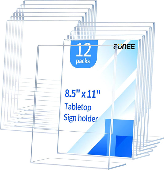 SUNEE 12 packs Clear Plastic Sign Holders for 8.5x11 Paper, Vertical L-shape Frame for Displaying Signs and Menus