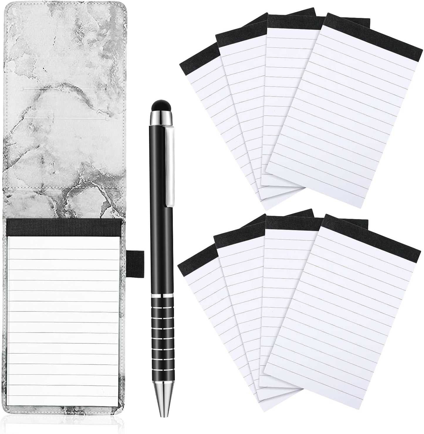 Outus 10 Pcs Pocket Notebook with Pen Set Included Mini Pocket Notepad Holder with 50 Lined Sheets, Metal Pen, 8 Pcs 3 x 5 Inch Memo Book Refills, 30 Lined Paper Per Note Pad (Marble Color)
